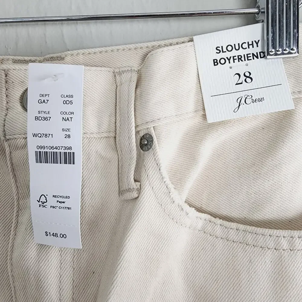 J. Crew Slouchy Boyfriend High Waisted Jean Ecru White Rigid Denim NWT 28